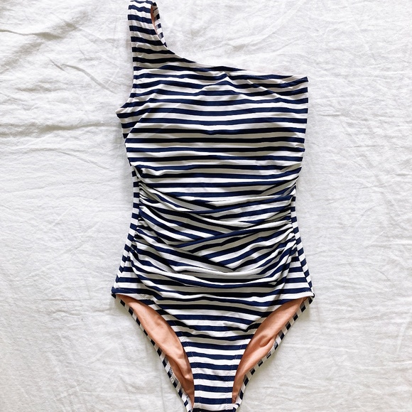 NWT J. Crew Ruched One-shoulder Swimsuit in Navy/White Stripe - 4T (Long Torso) - Picture 2 of 5